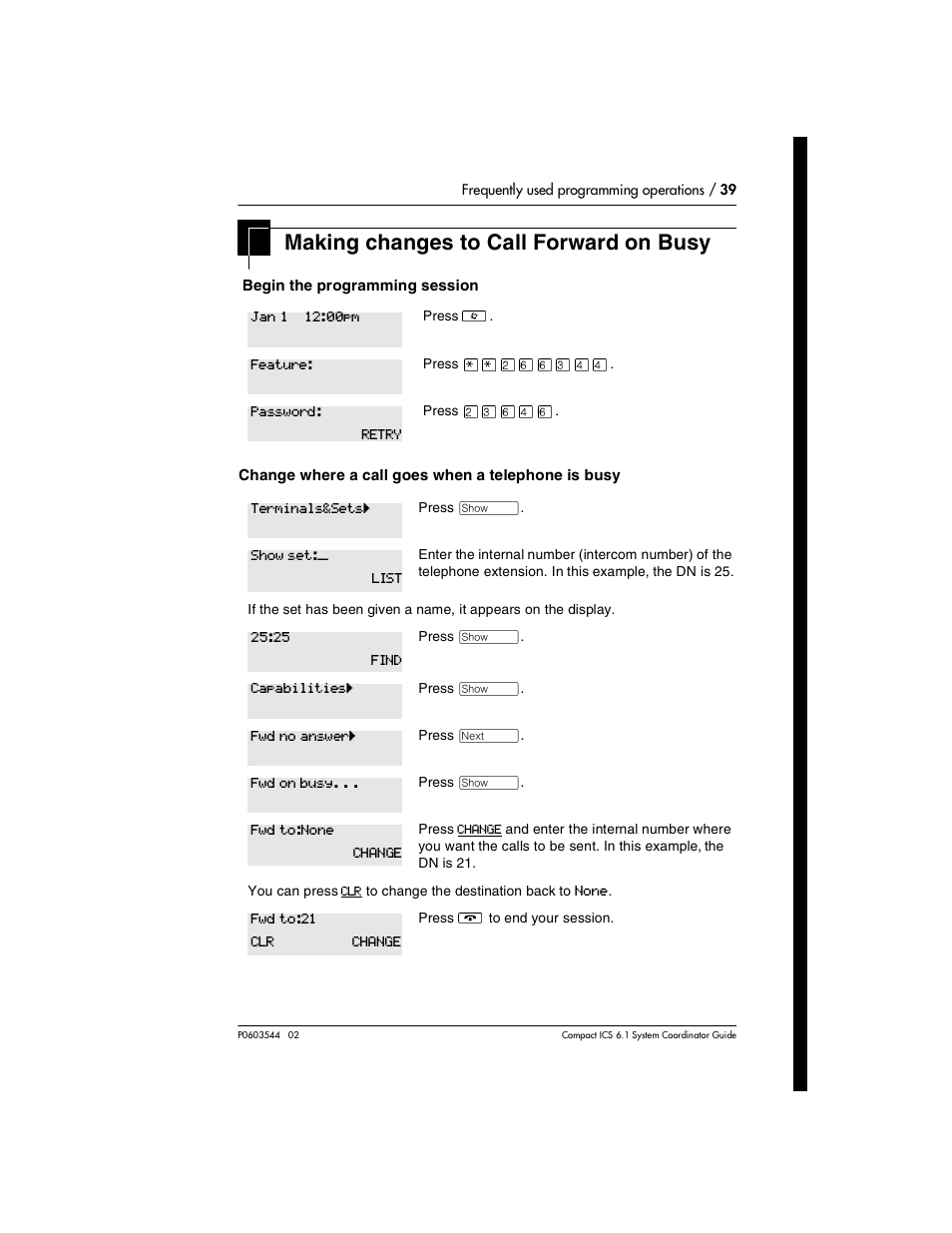 Making changes to call forward on busy, Making changes to call forward on busy 39 | Nortel Networks 6.1 User Manual | Page 39 / 278