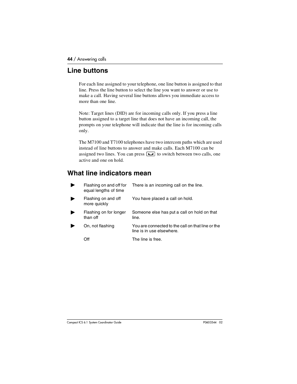 Line buttons, What line indicators mean, Line buttons 44 | What line indicators mean 44 | Nortel Networks 6.1 User Manual | Page 44 / 278