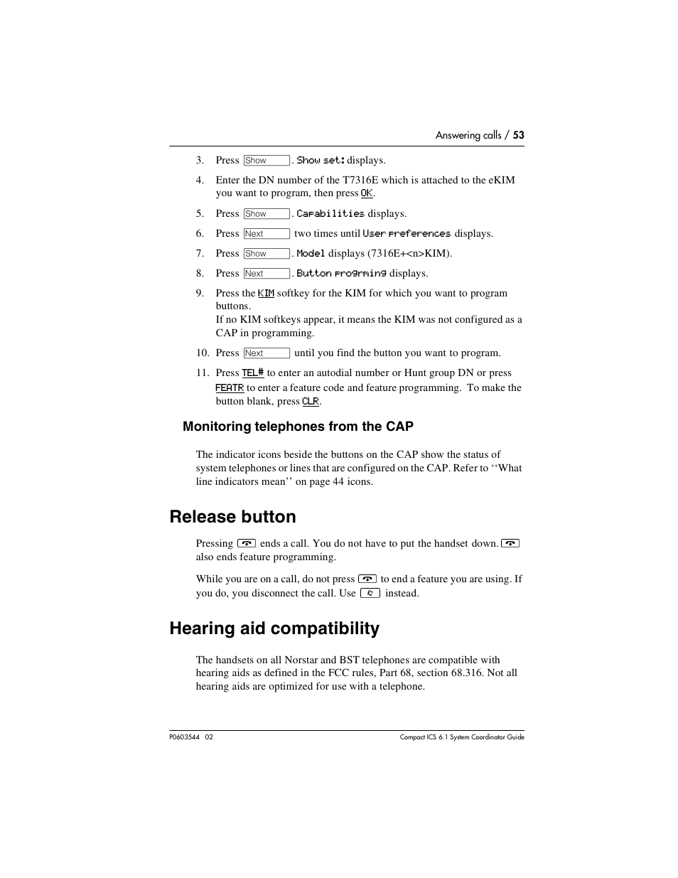 Release button, Hearing aid compatibility, Release button 53 | Hearing aid compatibility 53 | Nortel Networks 6.1 User Manual | Page 53 / 278