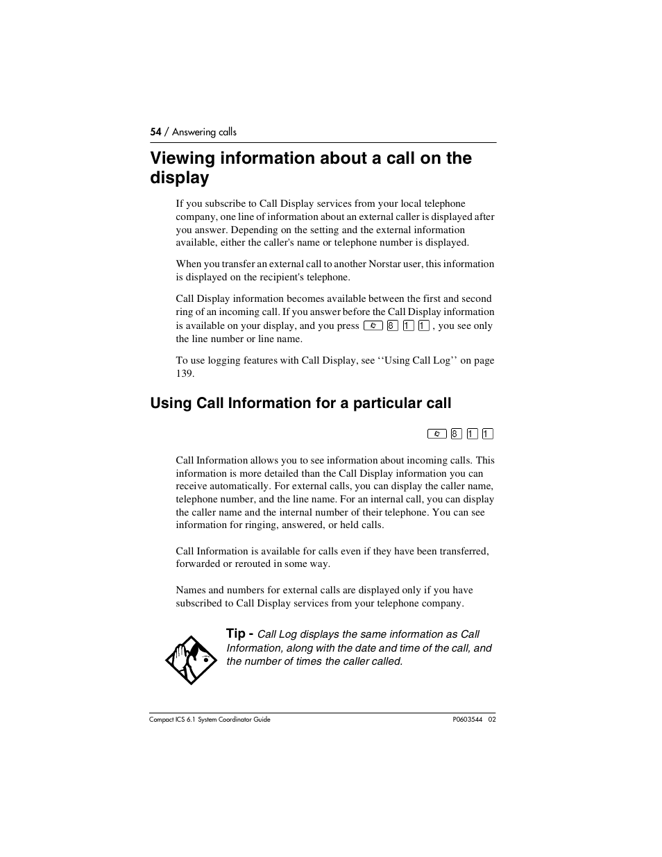Viewing information about a call on the display, Using call information for a particular call, Viewing information about a call on the display 54 | Using call information for a particular call 54 | Nortel Networks 6.1 User Manual | Page 54 / 278