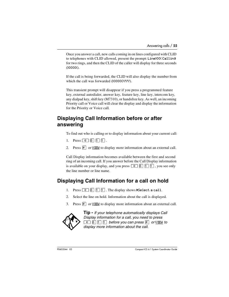 Displaying call information for a call on hold, Displaying call information for a call on hold 55 | Nortel Networks 6.1 User Manual | Page 55 / 278