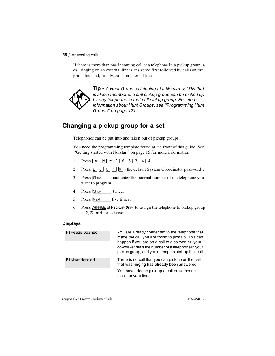 Changing a pickup group for a set, Changing a pickup group for a set 58 | Nortel Networks 6.1 User Manual | Page 58 / 278