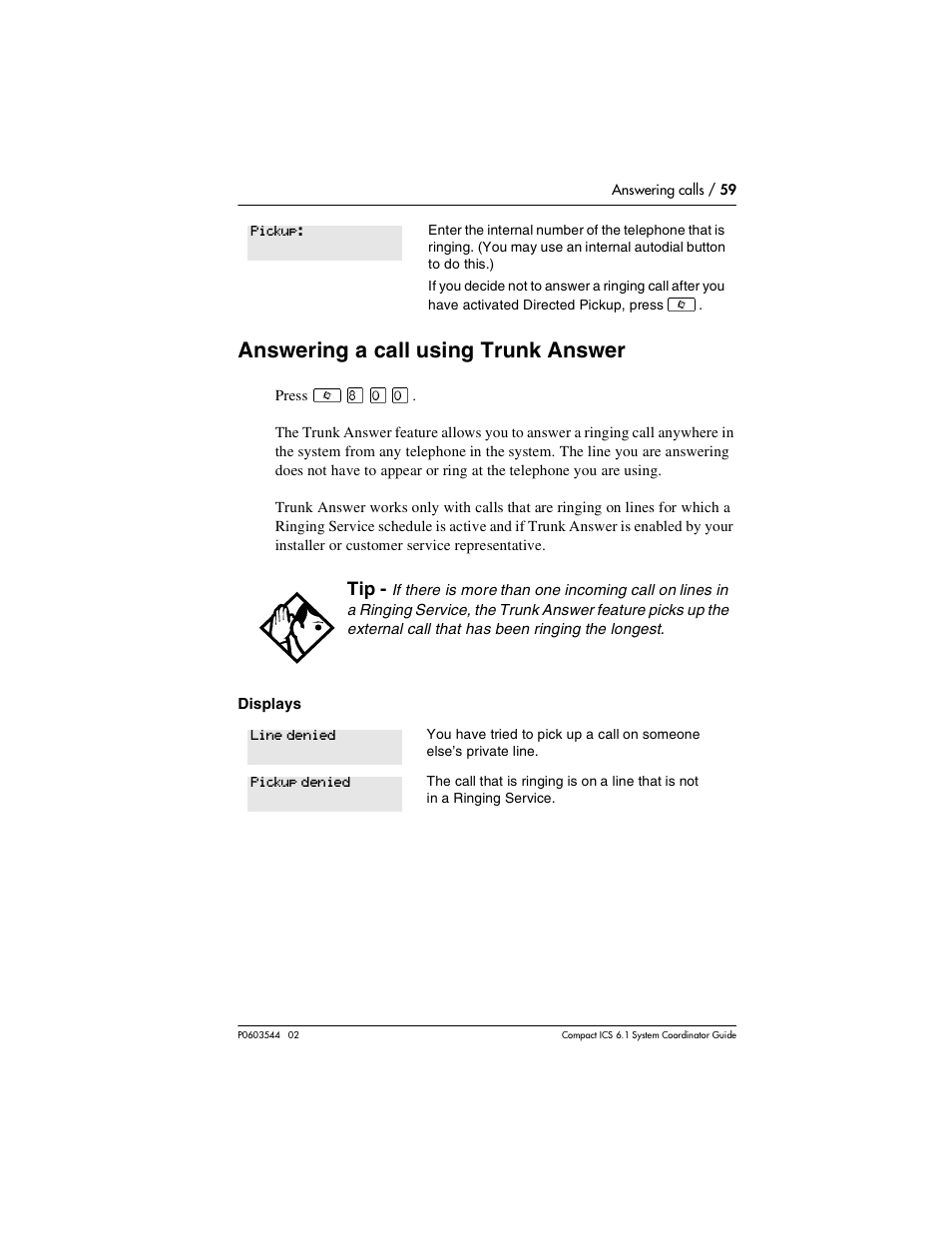 Answering a call using trunk answer, Answering a call using trunk answer 59 | Nortel Networks 6.1 User Manual | Page 59 / 278