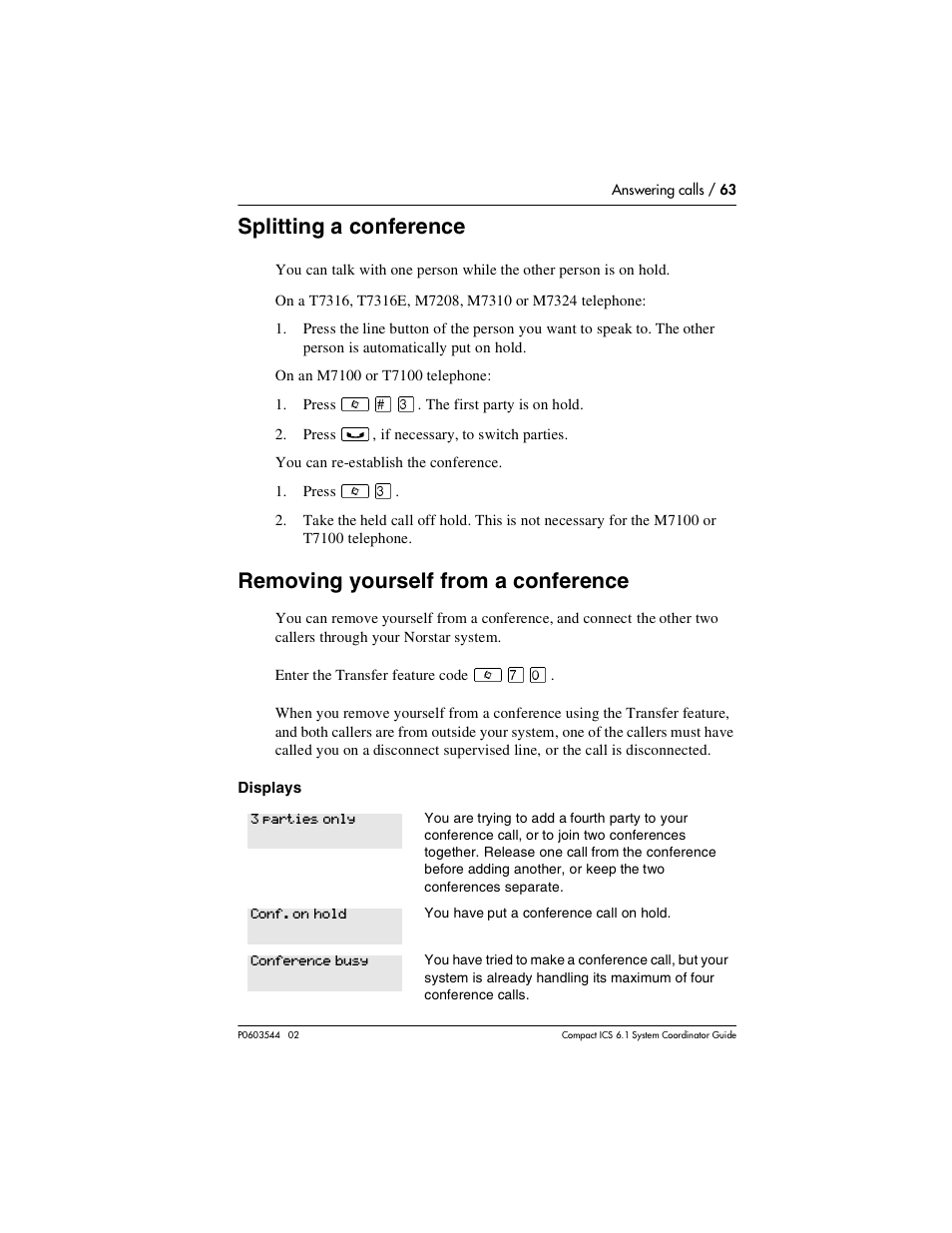 Splitting a conference, Removing yourself from a conference, Splitting a conference 63 | Removing yourself from a conference 63 | Nortel Networks 6.1 User Manual | Page 63 / 278