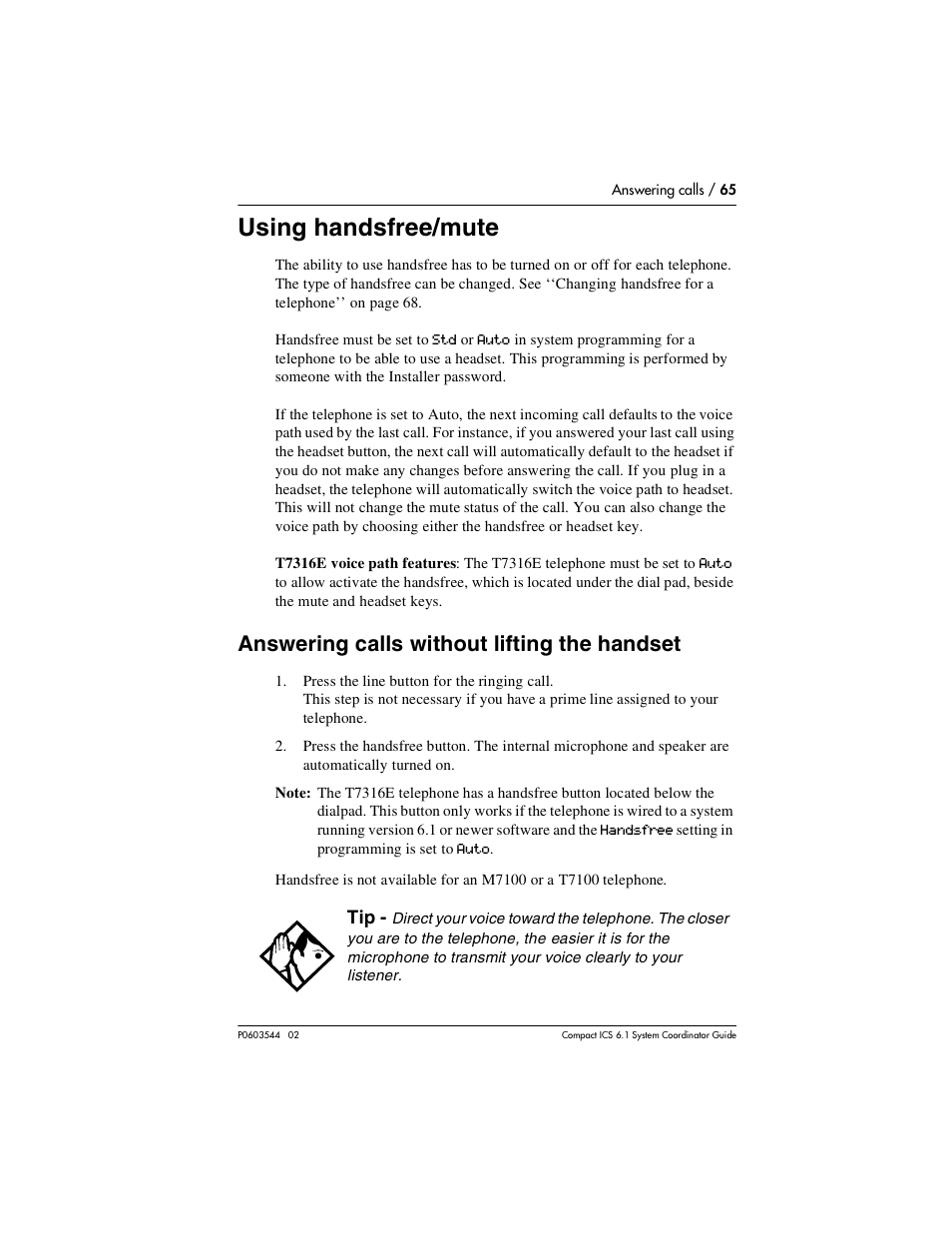 Using handsfree/mute, Answering calls without lifting the handset, Using handsfree/mute 65 | Answering calls without lifting the handset 65 | Nortel Networks 6.1 User Manual | Page 65 / 278