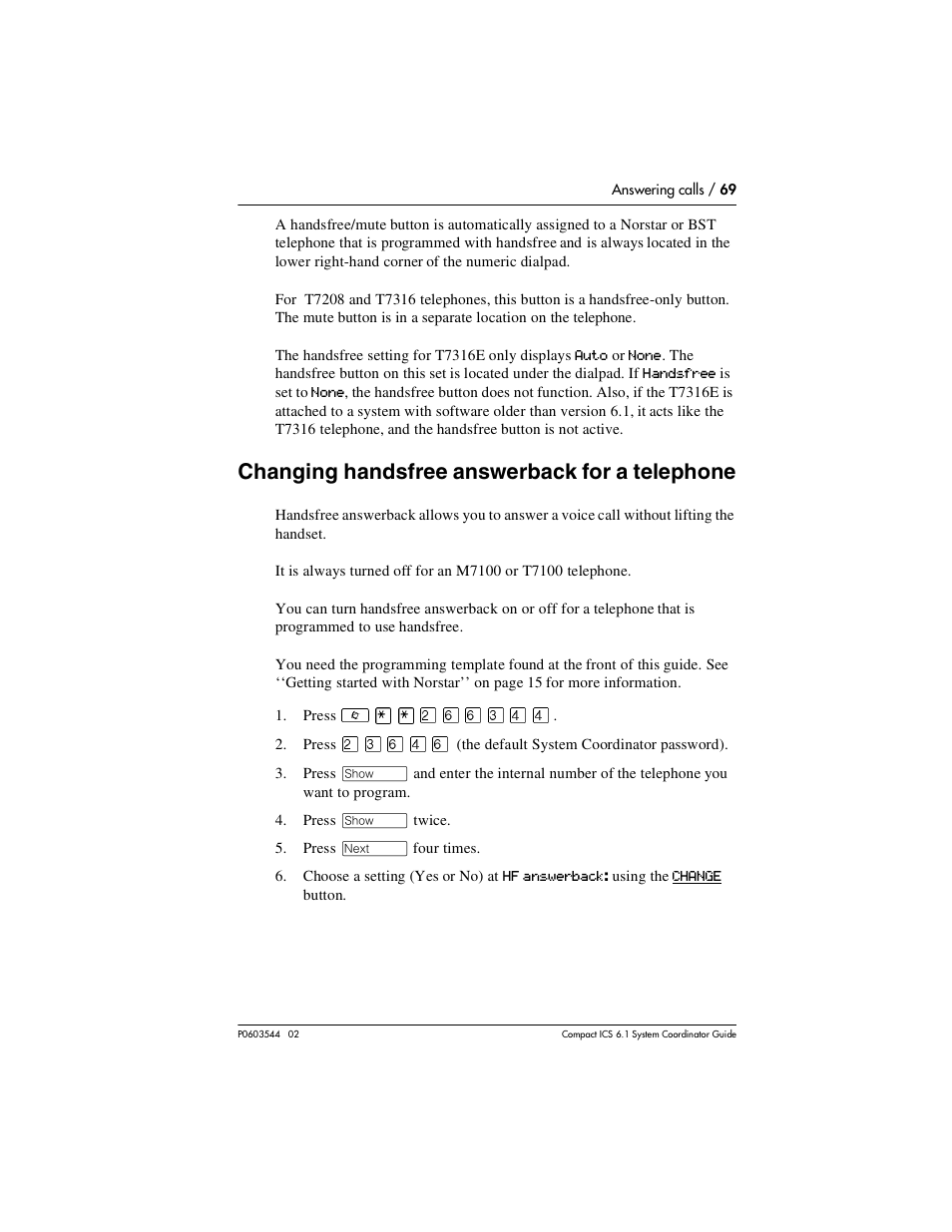 Changing handsfree answerback for a telephone, Changing handsfree answerback for a telephone 69 | Nortel Networks 6.1 User Manual | Page 69 / 278