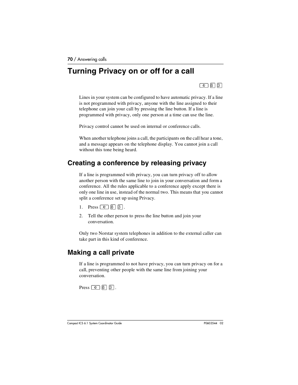 Turning privacy on or off for a call, Creating a conference by releasing privacy, Making a call private | Turning privacy on or off for a call 70, Creating a conference by releasing privacy 70, Making a call private 70 | Nortel Networks 6.1 User Manual | Page 70 / 278