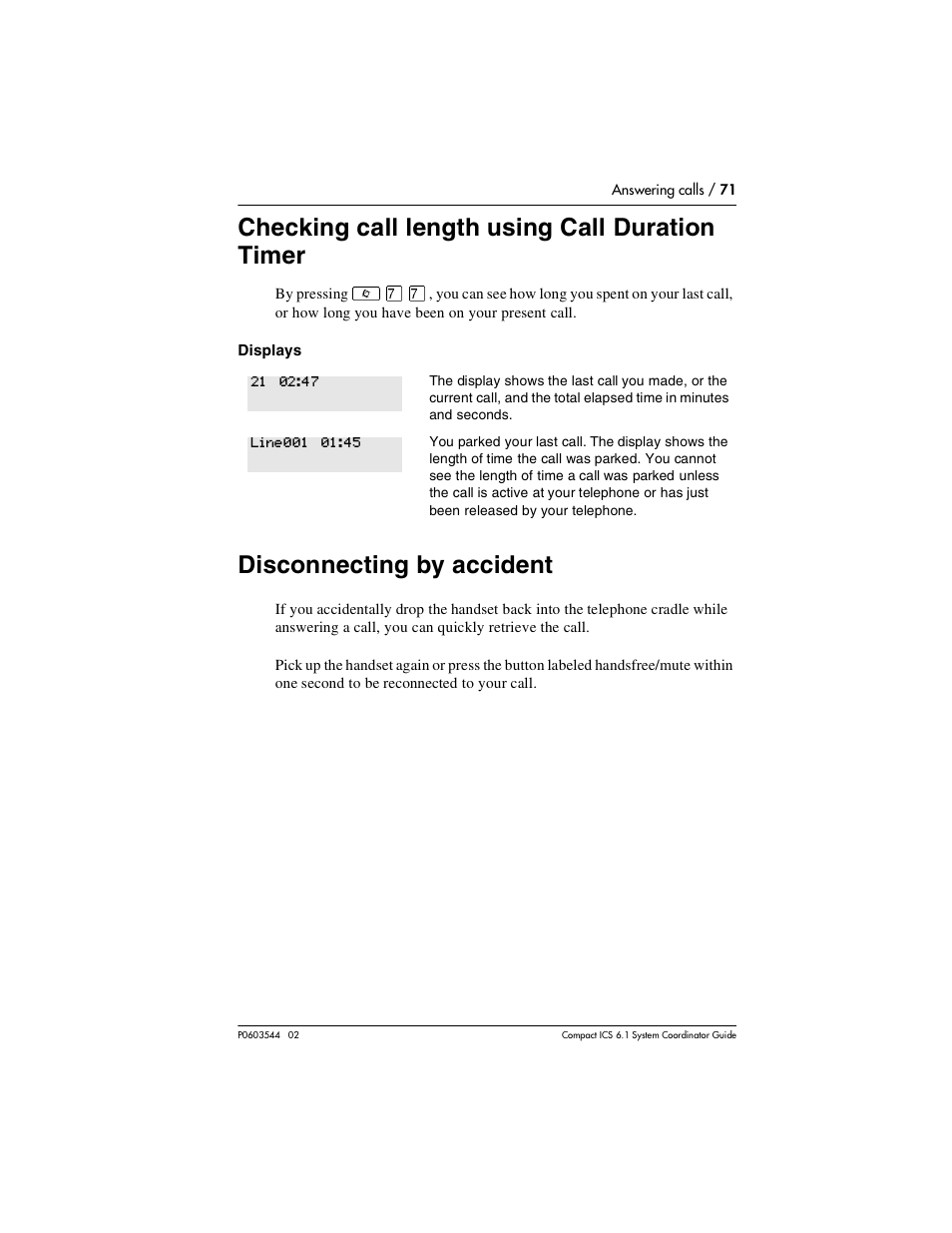 Checking call length using call duration timer, Disconnecting by accident, Checking call length using call duration timer 71 | Disconnecting by accident 71 | Nortel Networks 6.1 User Manual | Page 71 / 278