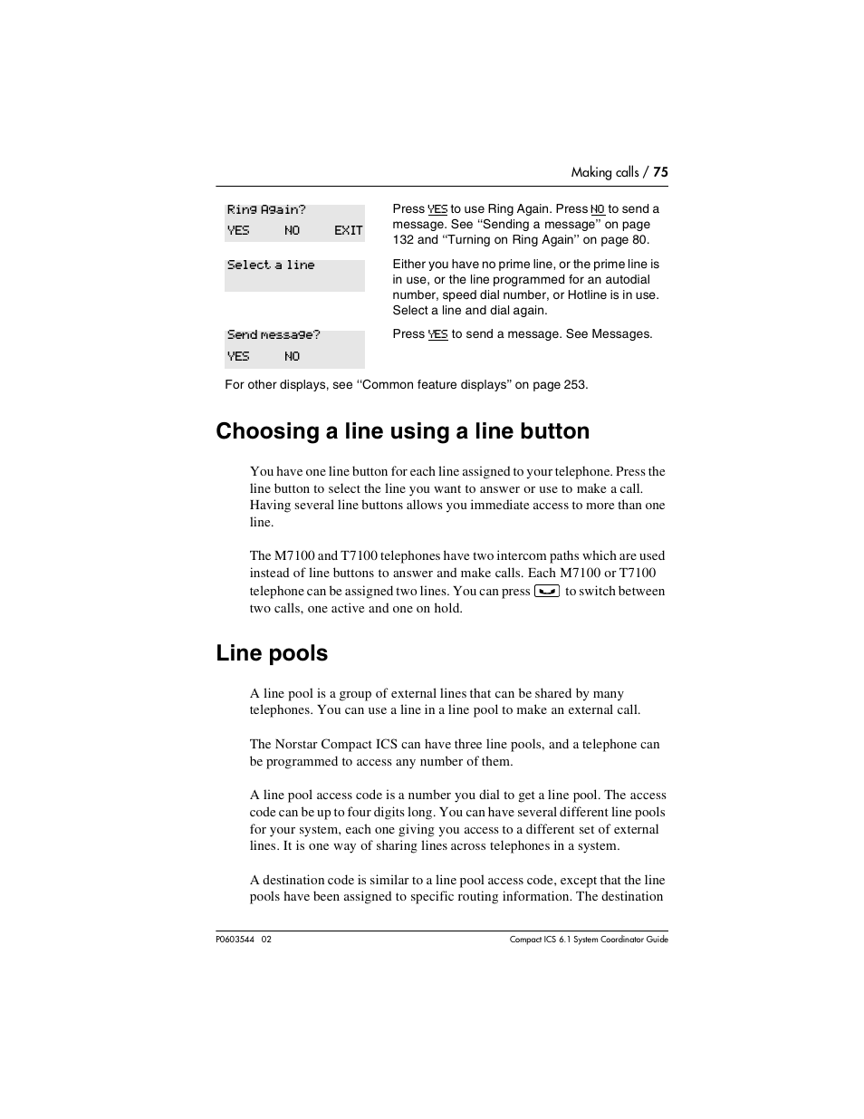 Choosing a line using a line button, Line pools, Choosing a line using a line button 75 | Line pools 75 | Nortel Networks 6.1 User Manual | Page 75 / 278