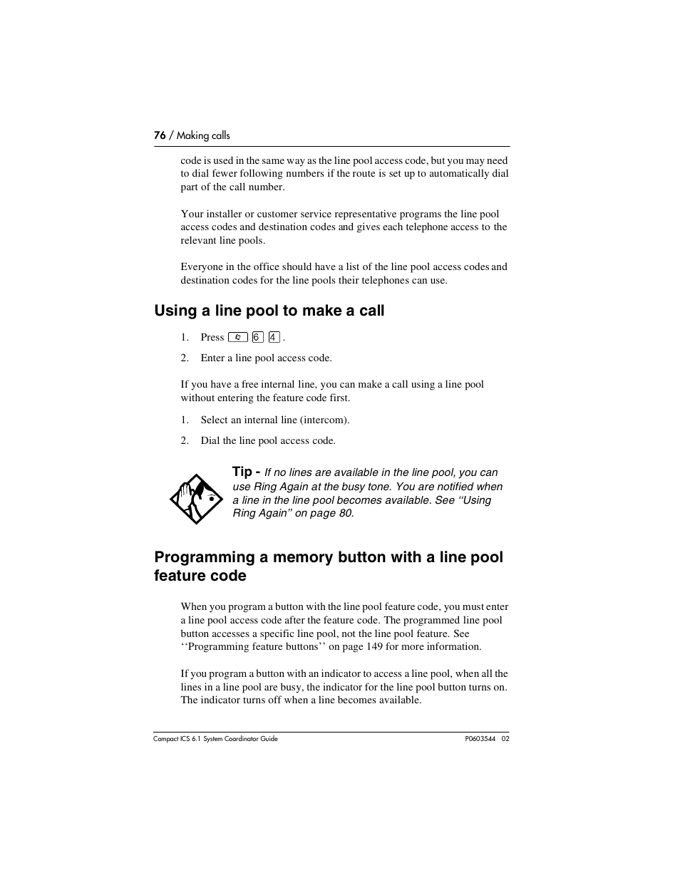 Using a line pool to make a call, Using a line pool to make a call 76 | Nortel Networks 6.1 User Manual | Page 76 / 278