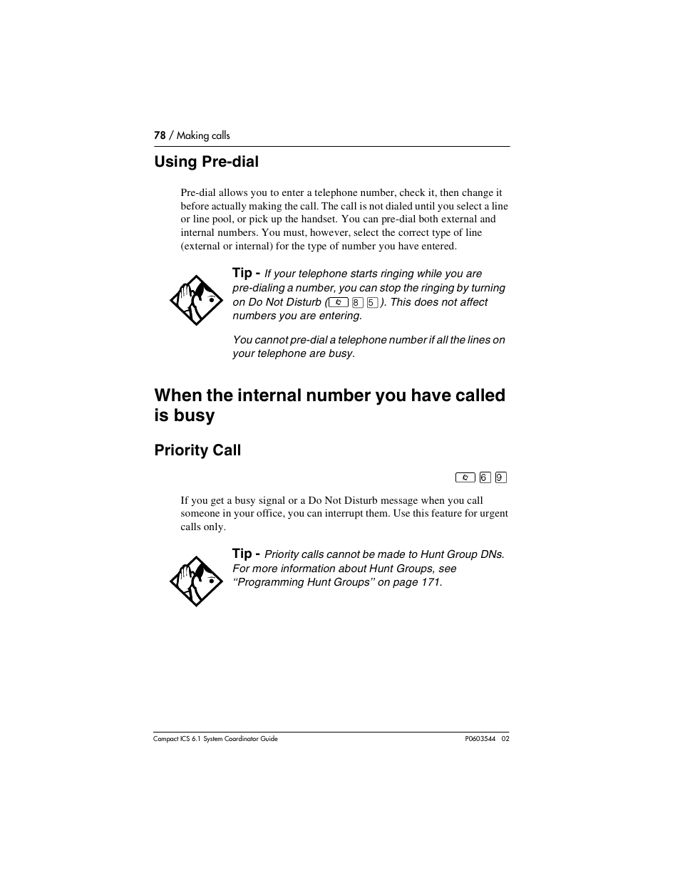 Using pre-dial, When the internal number you have called is busy, Priority call | Using pre-dial 78, Priority call 78 | Nortel Networks 6.1 User Manual | Page 78 / 278