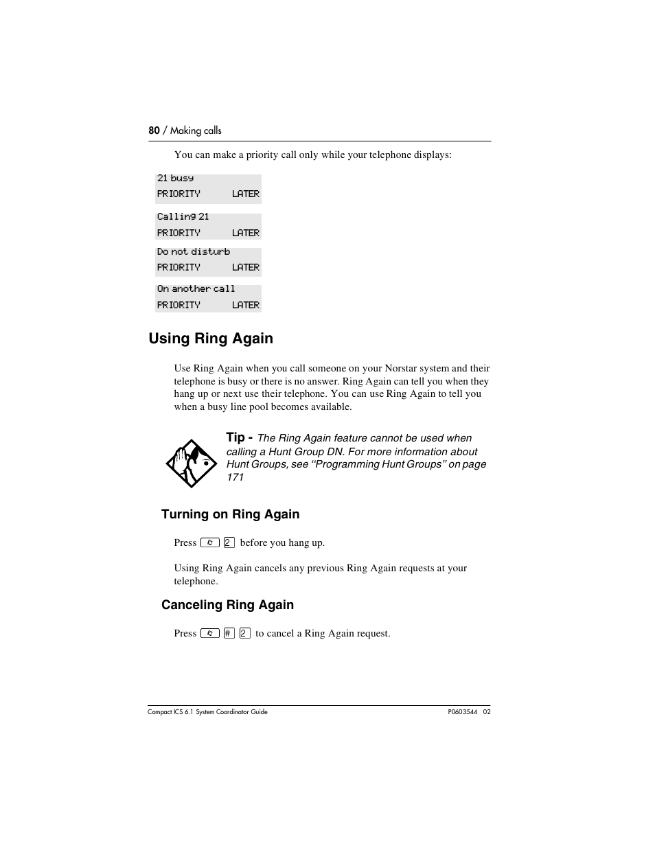 Using ring again, Using ring again 80 | Nortel Networks 6.1 User Manual | Page 80 / 278