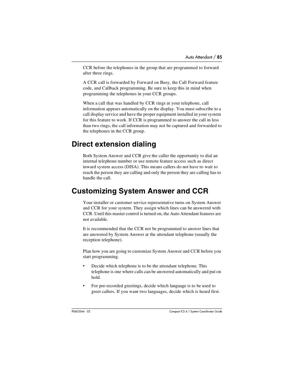 Direct extension dialing, Customizing system answer and ccr, Direct extension dialing 85 | Customizing system answer and ccr 85 | Nortel Networks 6.1 User Manual | Page 85 / 278