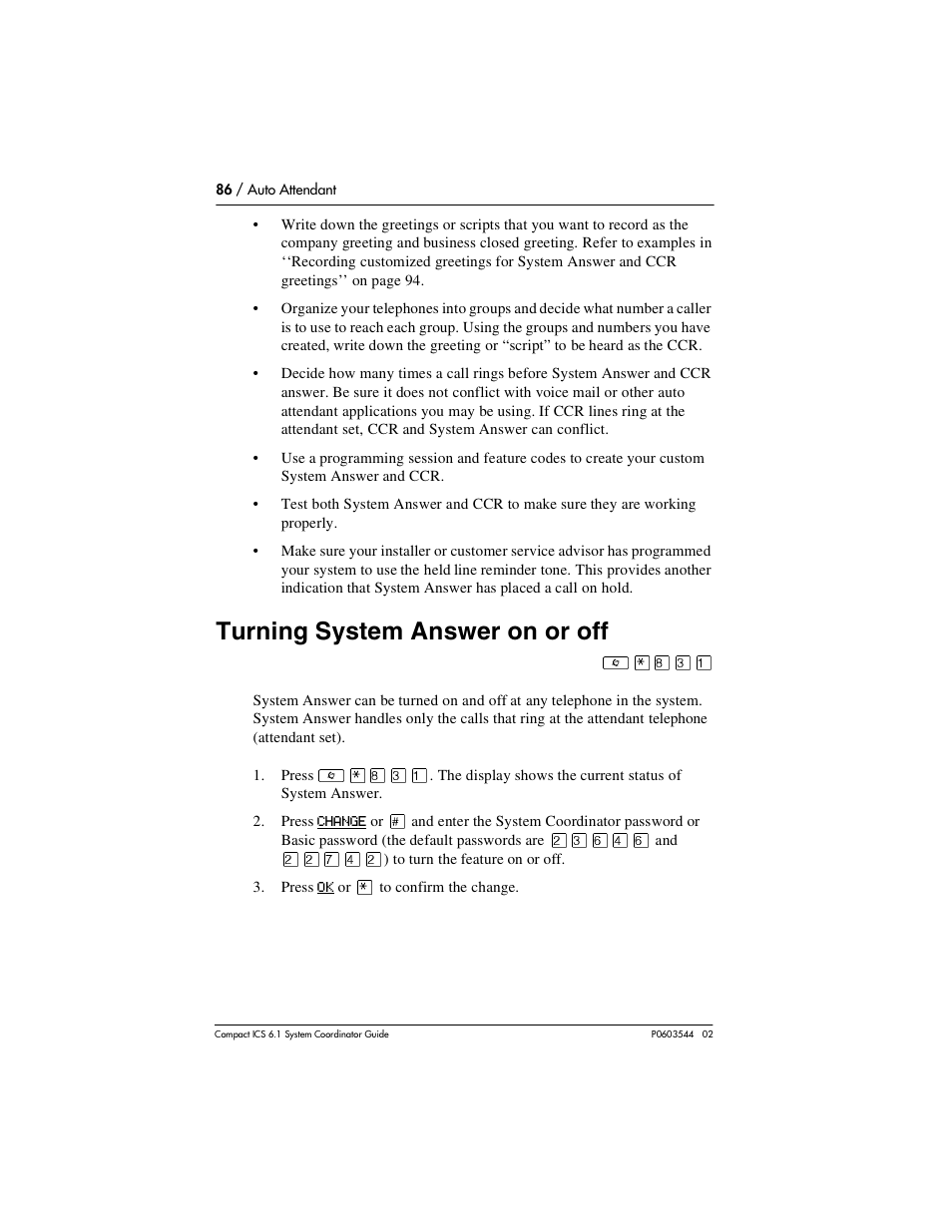 Turning system answer on or off, Turning system answer on or off 86 | Nortel Networks 6.1 User Manual | Page 86 / 278