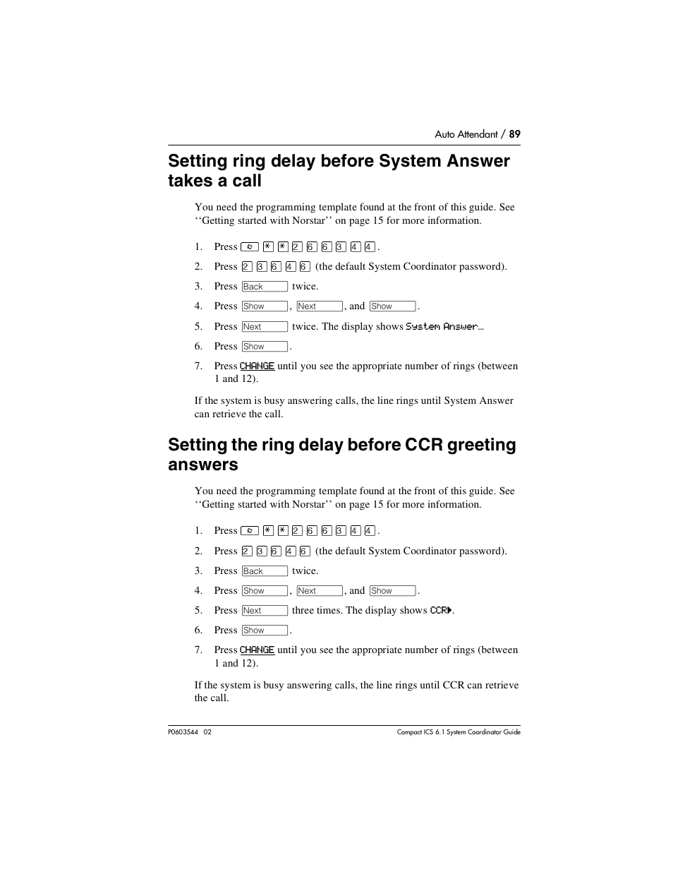 Setting the ring delay before ccr greeting answers | Nortel Networks 6.1 User Manual | Page 89 / 278