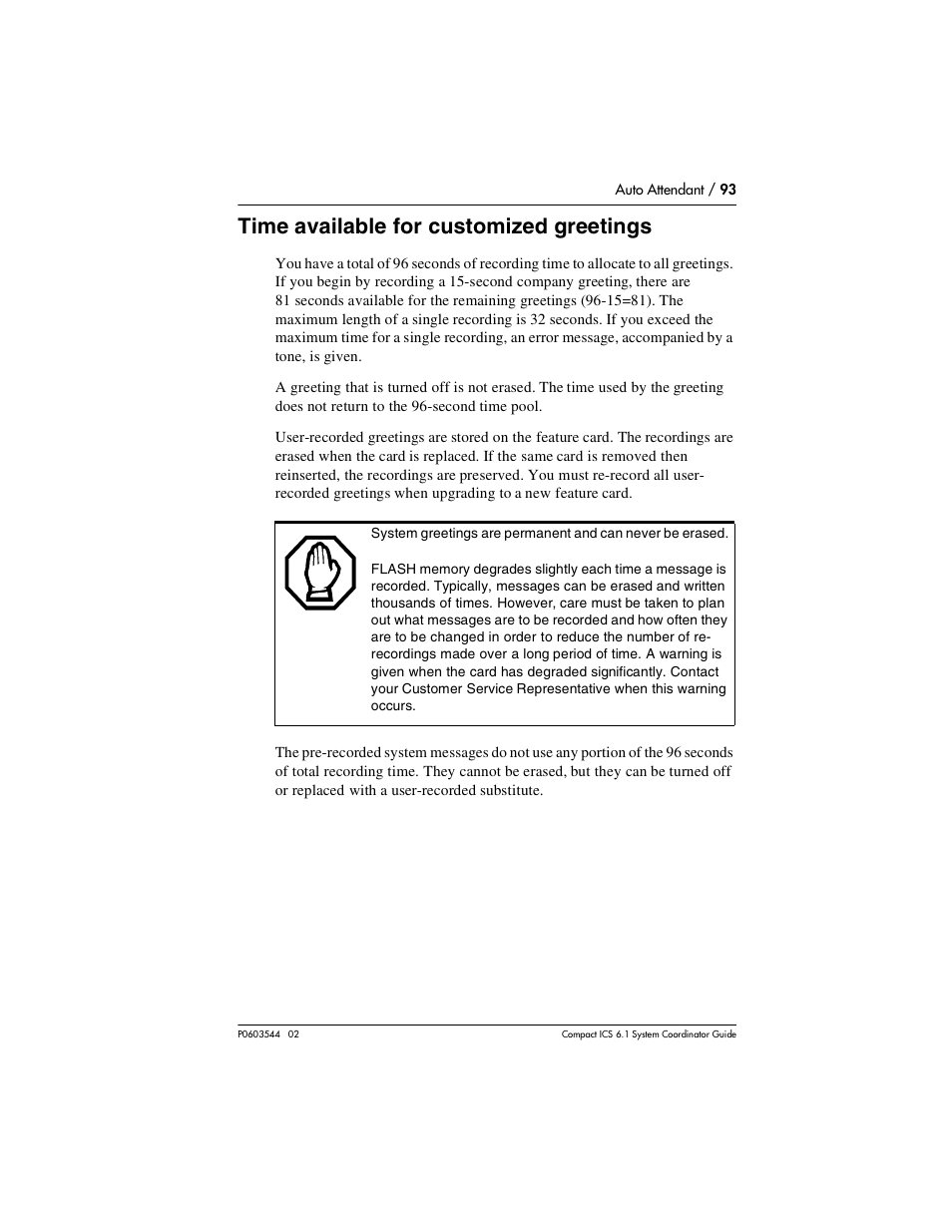 Time available for customized greetings, Time available for customized greetings 93 | Nortel Networks 6.1 User Manual | Page 93 / 278