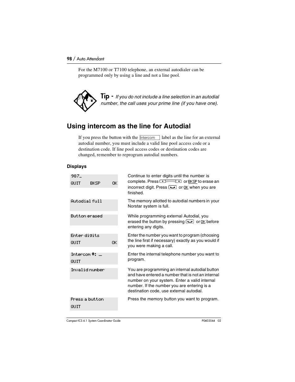 Using intercom as the line for autodial, Using intercom as the line for autodial 98 | Nortel Networks 6.1 User Manual | Page 98 / 278