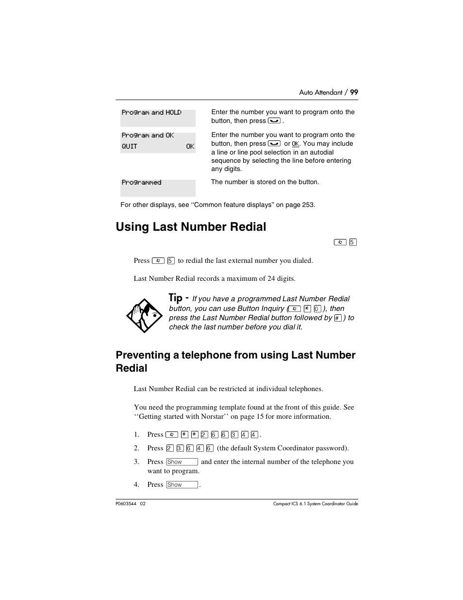 Using last number redial, Using last number redial 99 | Nortel Networks 6.1 User Manual | Page 99 / 278