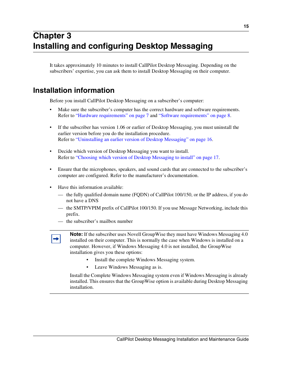 Chapter 3, Installing and configuring desktop messaging, Installation information | Nortel Networks Alteon Link Optimizer 150 User Manual | Page 15 / 68