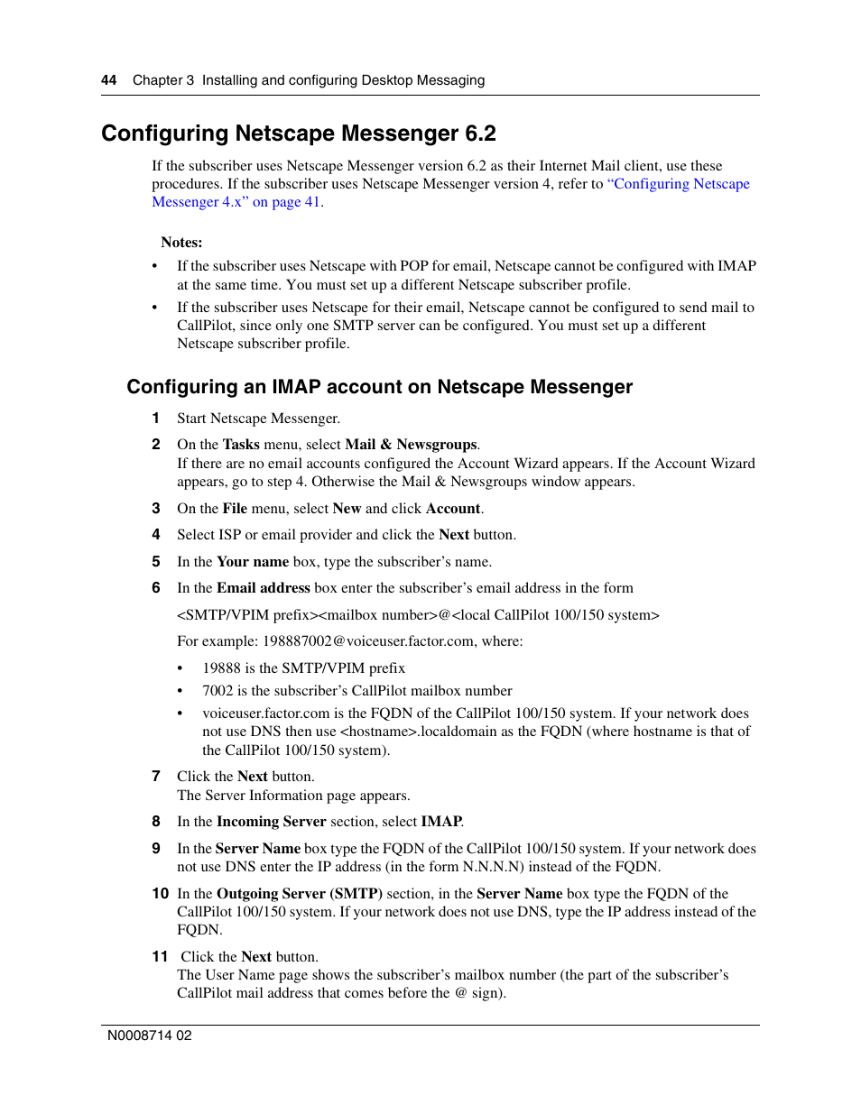 Configuring netscape messenger 6.2, Configuring an imap account on netscape messenger | Nortel Networks Alteon Link Optimizer 150 User Manual | Page 44 / 68