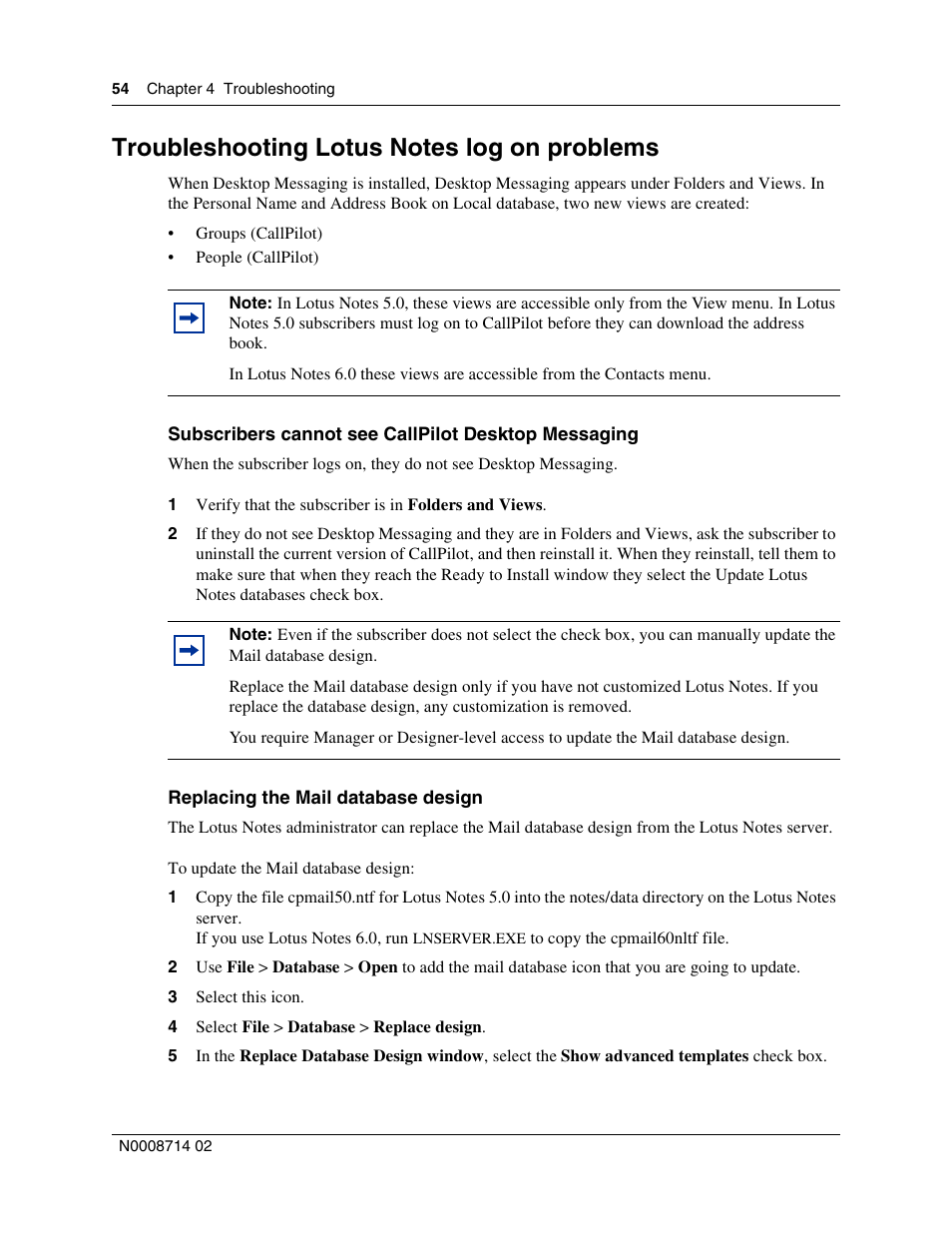 Troubleshooting lotus notes log on problems, Subscribers cannot see callpilot desktop messaging, Replacing the mail database design | Nortel Networks Alteon Link Optimizer 150 User Manual | Page 54 / 68