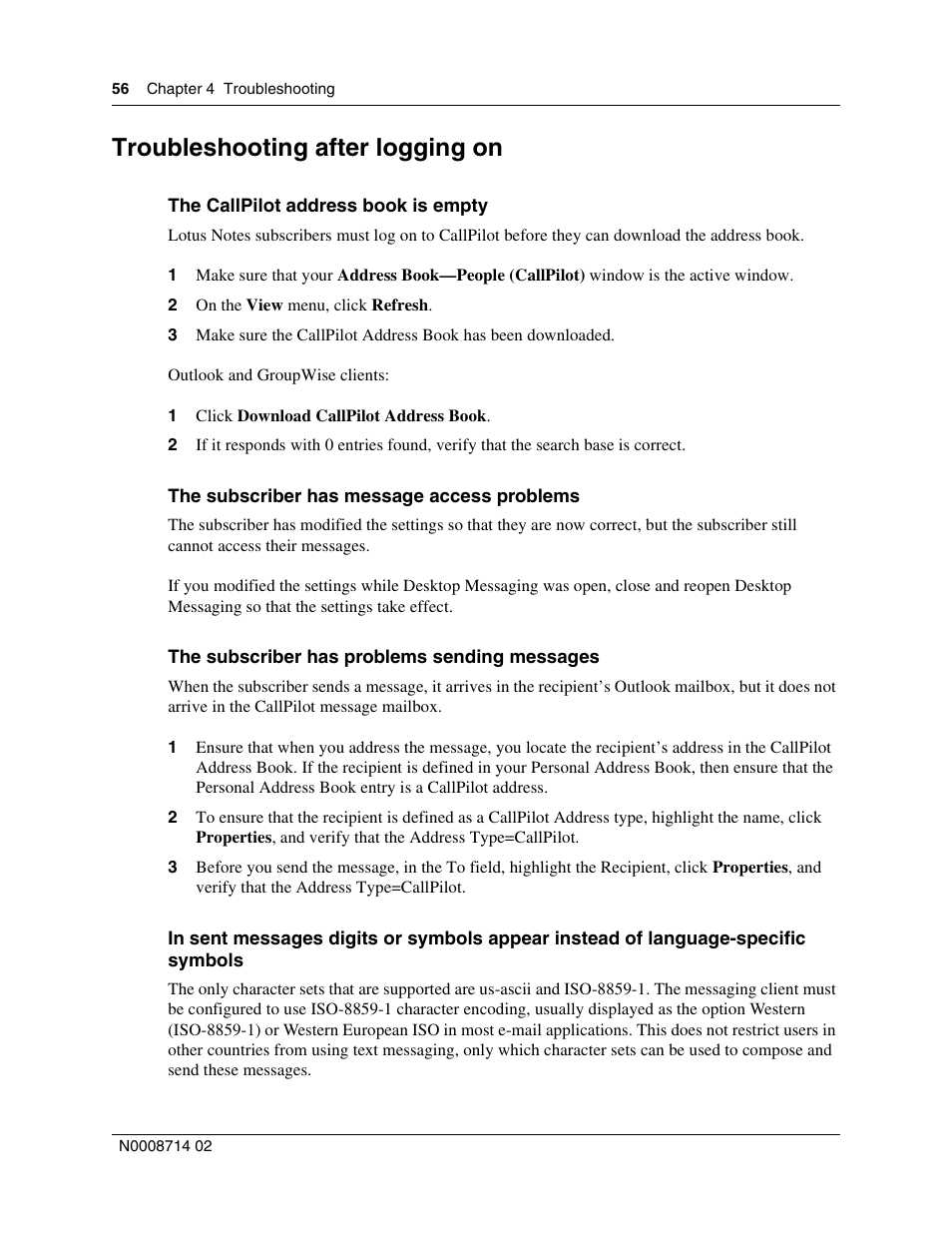 Troubleshooting after logging on, The callpilot address book is empty, The subscriber has message access problems | The subscriber has problems sending messages, Symbols | Nortel Networks Alteon Link Optimizer 150 User Manual | Page 56 / 68