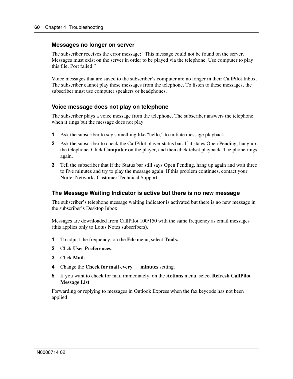 Messages no longer on server, Voice message does not play on telephone | Nortel Networks Alteon Link Optimizer 150 User Manual | Page 60 / 68