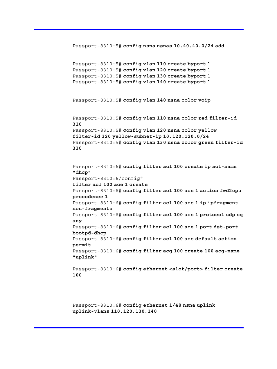 Configuring the nortel snas pvip subnet, Creating port-based vlans, Configuring the voip vlans | Configuring the red, yellow, and green vlans, Configuring the nsna uplink filter, Configuring the nsna ports | Nortel Networks 5500 series User Manual | Page 394 / 526