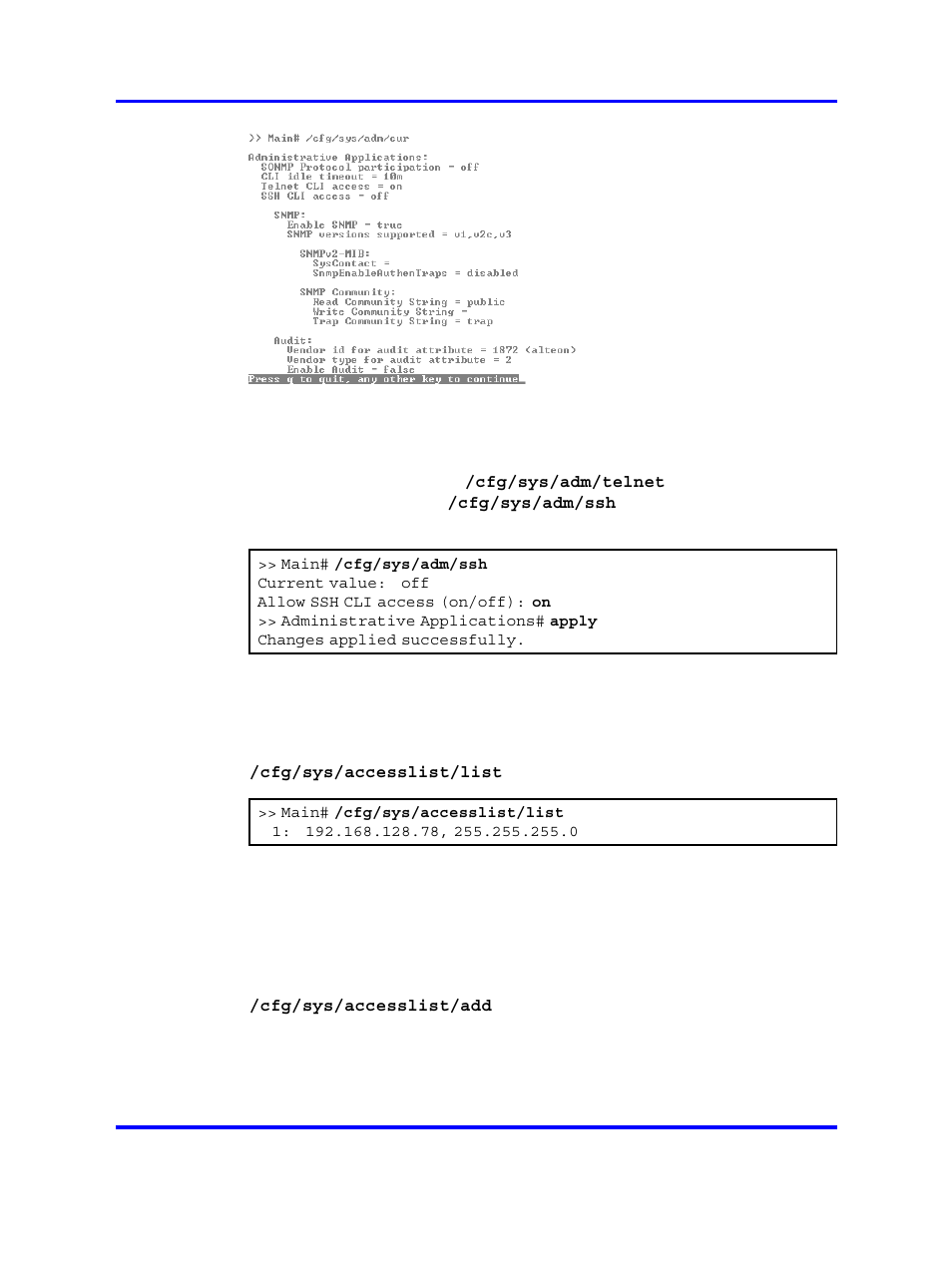 Enable telnet or ssh access, Check the access list | Nortel Networks 5500 series User Manual | Page 404 / 526