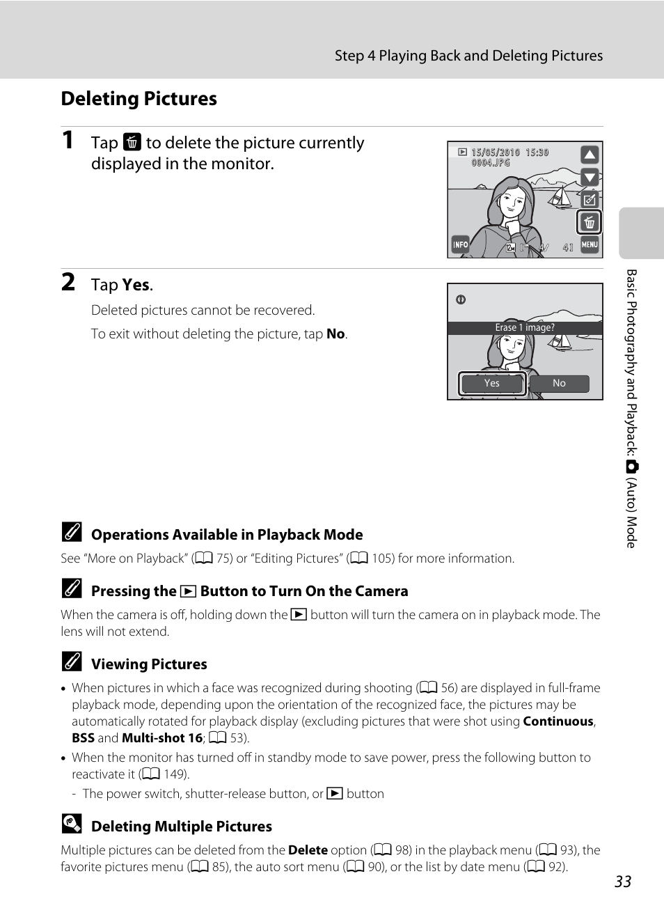 Deleting pictures, Ck mode, A 33) | Tap yes | Nortel Networks S4000 User Manual | Page 45 / 196