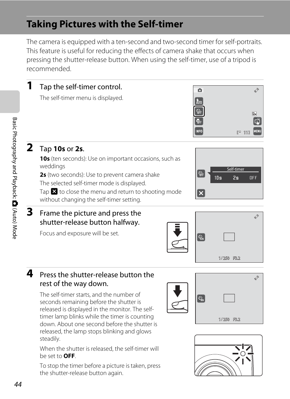 Taking pictures with the self-timer, A 44), A 44) en | Imer (a 44), and macr, Tap the self-timer control, Tap 10 s or 2s | Nortel Networks S4000 User Manual | Page 56 / 196