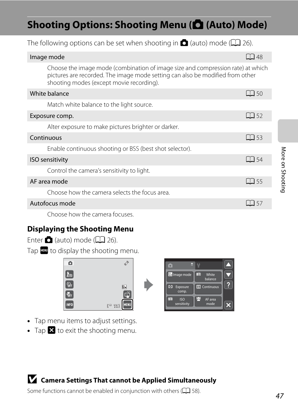 Shooting options: shooting menu (auto mode), Shooting options: shooting menu (a (auto) mode), A 47) as w | A 47) a, A 47), Shooting options: shooting menu ( a (auto) mode), Displaying the shooting menu | Nortel Networks S4000 User Manual | Page 59 / 196