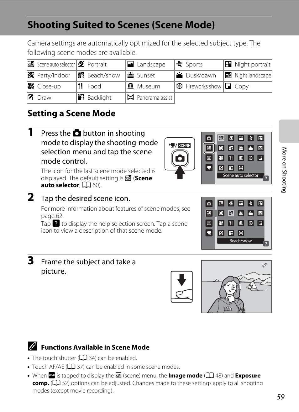 Shooting suited to scenes (scene mode), Setting a scene mode, A 59 | A 59) | Nortel Networks S4000 User Manual | Page 71 / 196