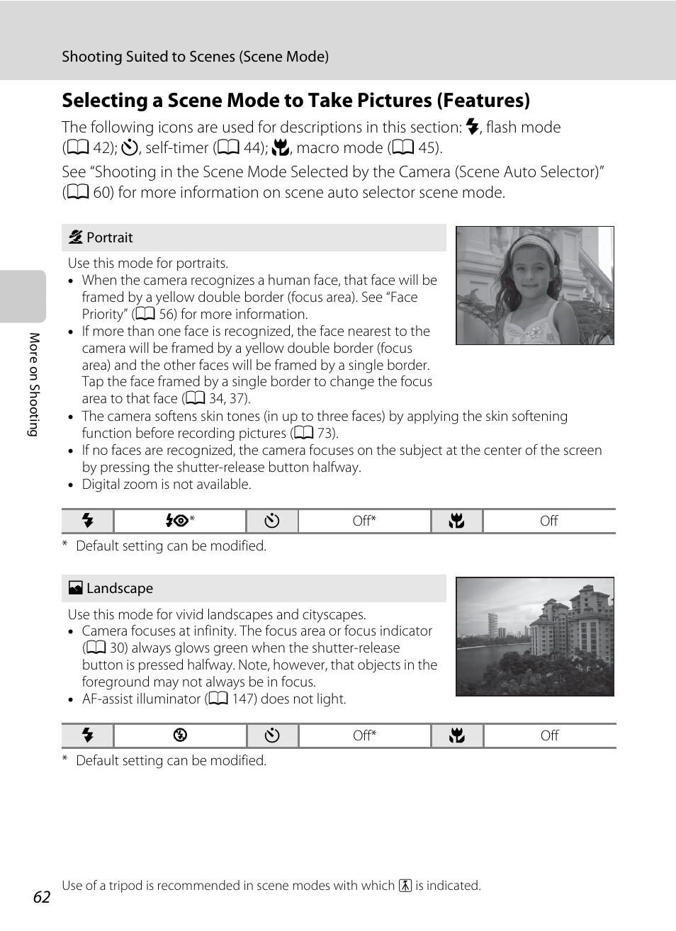 Selecting a scene mode to take pictures (features), A 62) f, A 62) | A 62), and, Ape (a 62) | Nortel Networks S4000 User Manual | Page 74 / 196