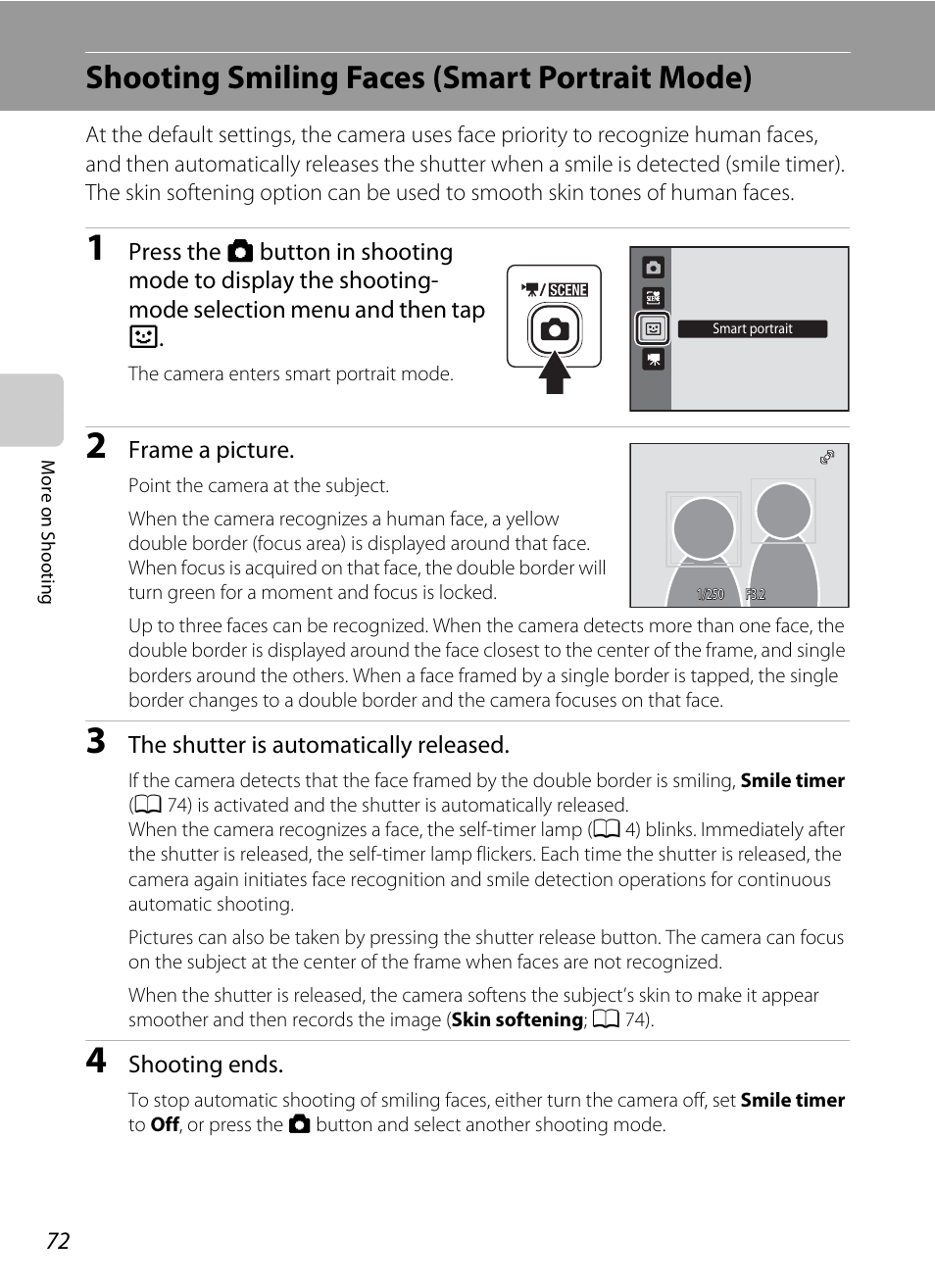 Shooting smiling faces (smart portrait mode), A 72), A 72 | Mode (a 72) | Nortel Networks S4000 User Manual | Page 84 / 196