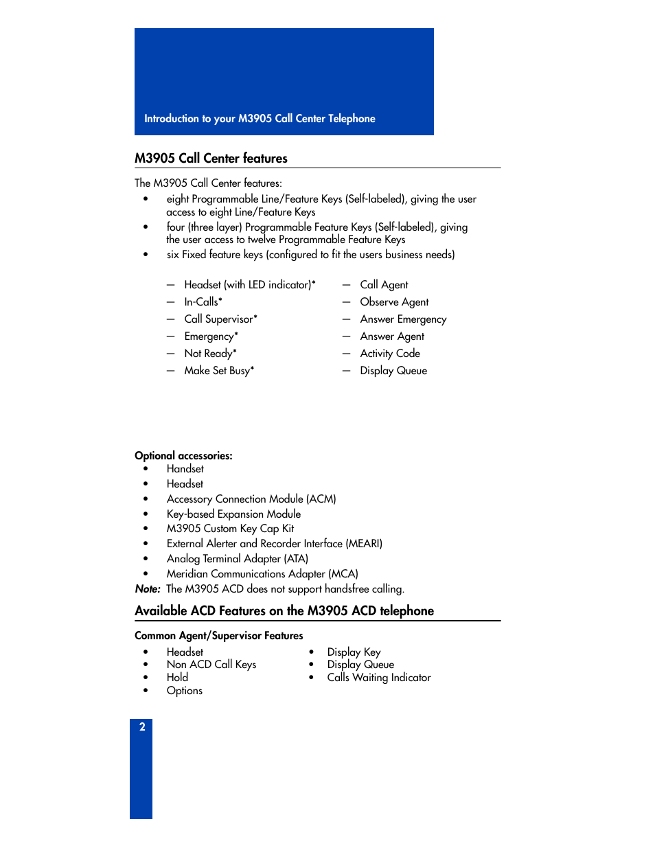 M3905 call center features, Available acd features on the m3905 acd telephone | Nortel Networks M3905 User Manual | Page 10 / 92