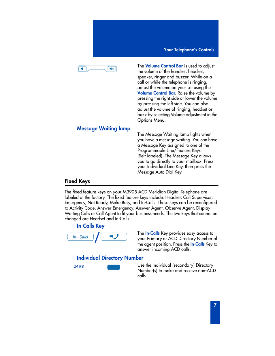 Fixed keys, Message waiting lamp, In-calls key individual directory number | Nortel Networks M3905 User Manual | Page 15 / 92