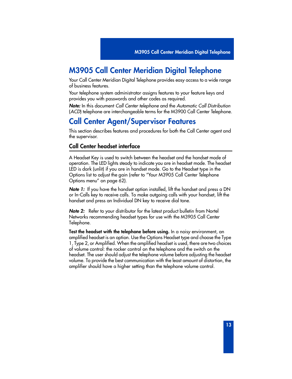 M3905 call center meridian digital telephone, Call center agent/supervisor features, Call center headset interface | Nortel Networks M3905 User Manual | Page 21 / 92