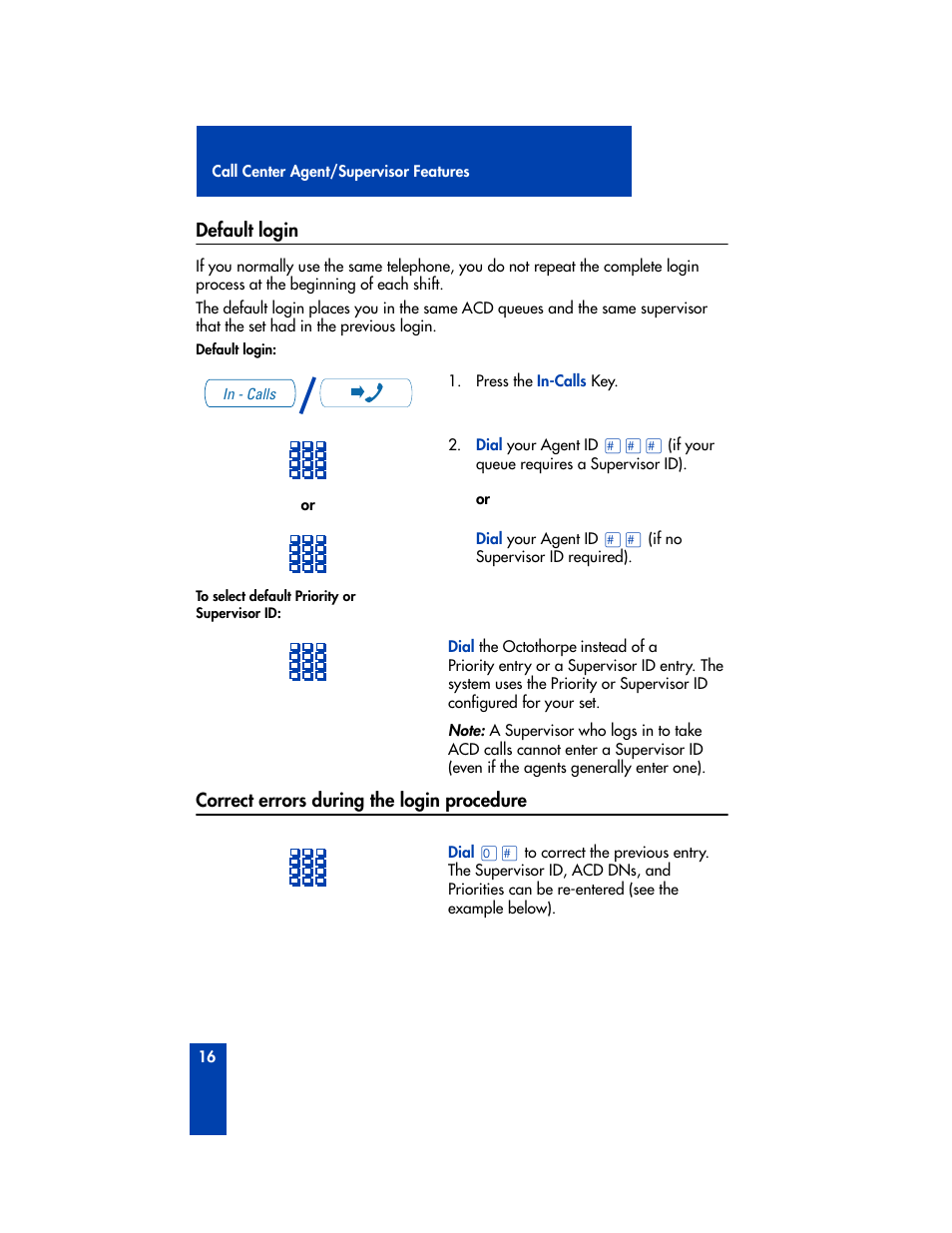Default login, Correct errors during the login procedure | Nortel Networks M3905 User Manual | Page 24 / 92