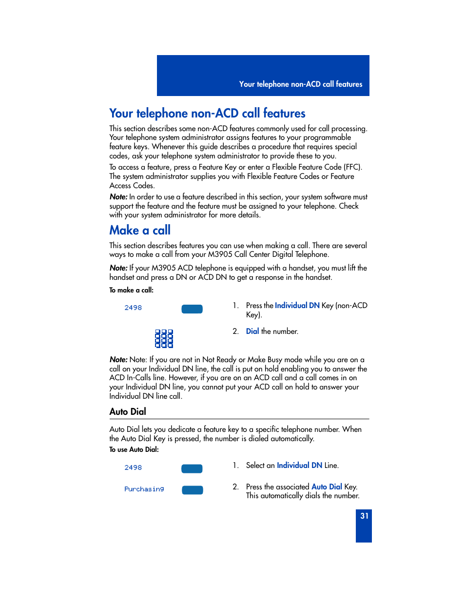 Your telephone non-acd call features, Make a call, Auto dial | Nortel Networks M3905 User Manual | Page 39 / 92