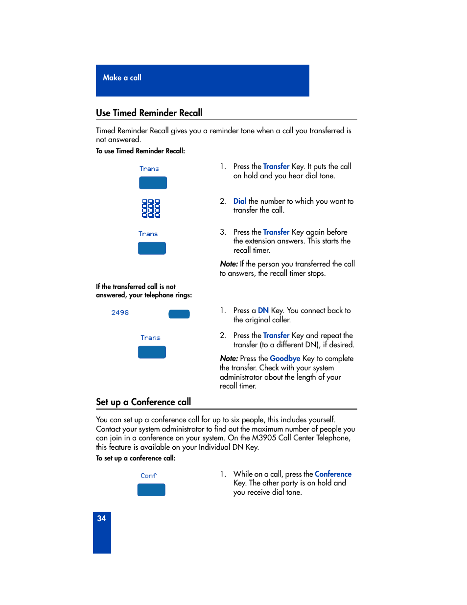 Use timed reminder recall, Set up a conference call, Use timed reminder recall set up a conference call | Nortel Networks M3905 User Manual | Page 42 / 92