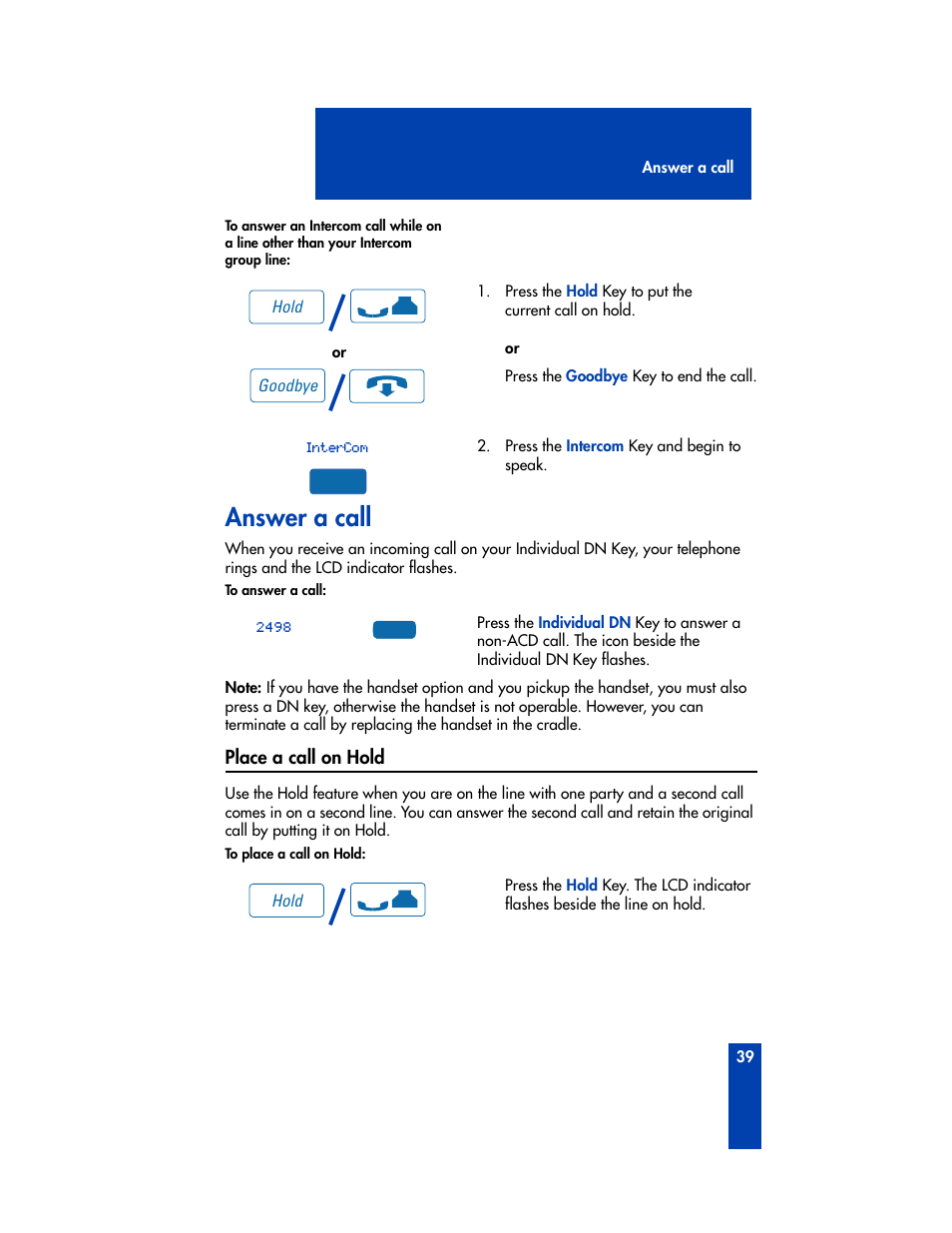 Answer a call, Place a call on hold | Nortel Networks M3905 User Manual | Page 47 / 92