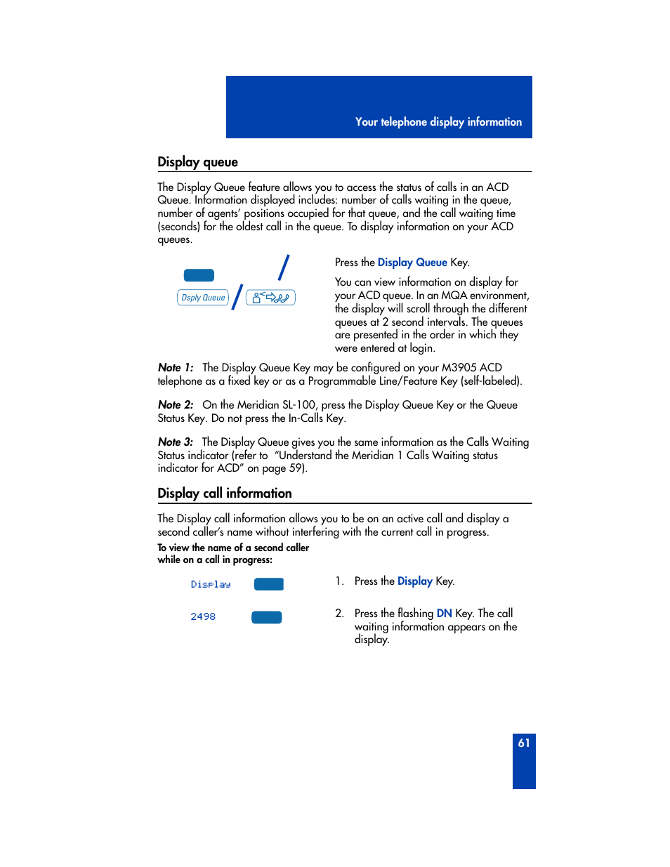 Display queue, Display call information, Display queue display call information | Nortel Networks M3905 User Manual | Page 69 / 92