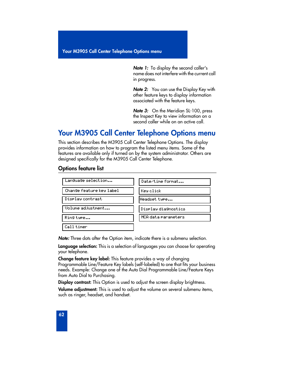 Your m3905 call center telephone options menu, Options feature list | Nortel Networks M3905 User Manual | Page 70 / 92