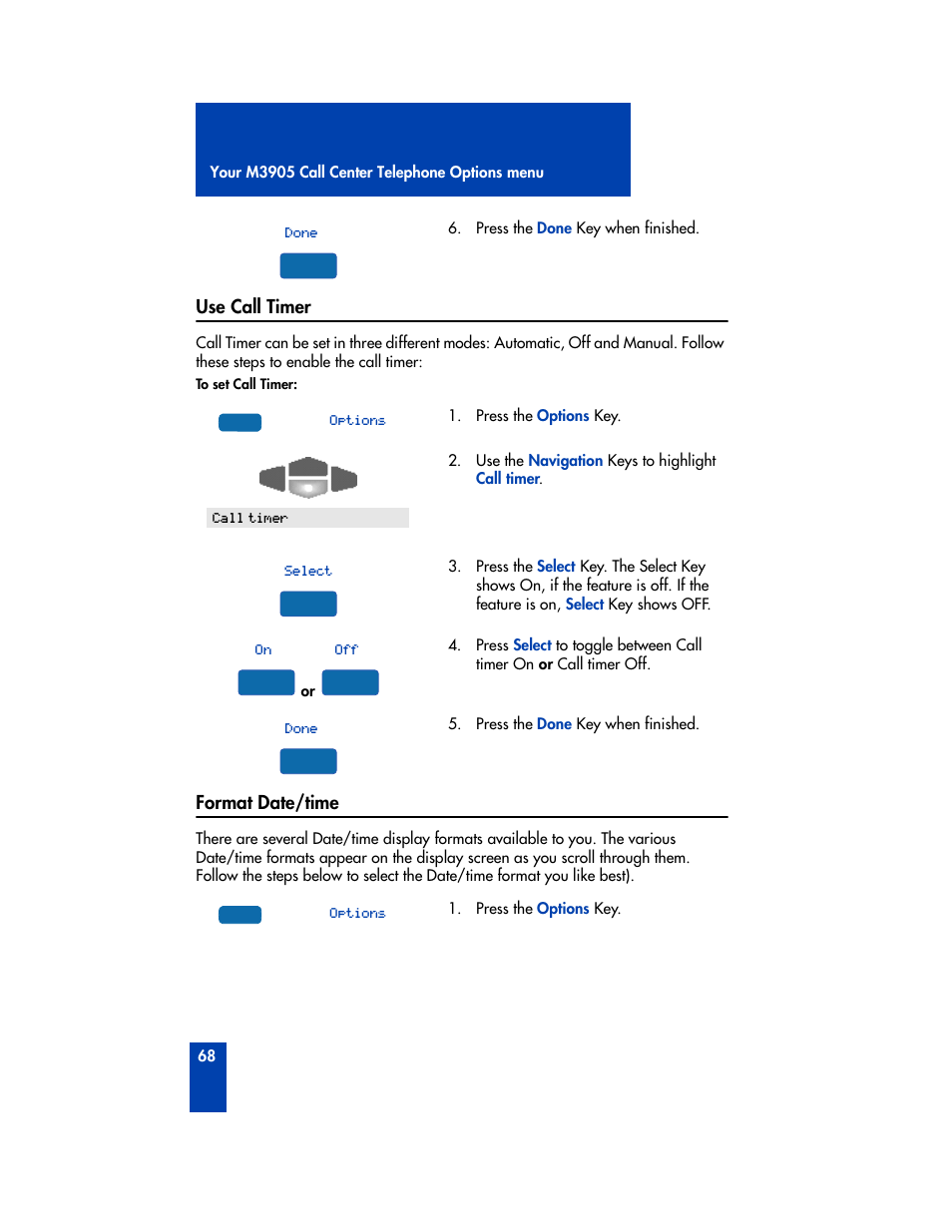 Use call timer, Format date/time, Use call timer format date/time 68 | Nortel Networks M3905 User Manual | Page 76 / 92