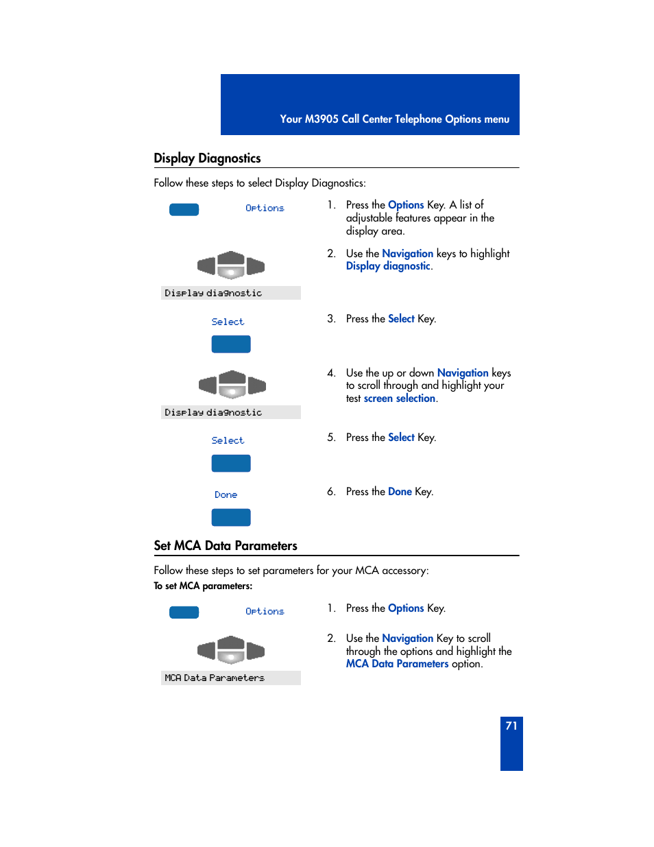 Display diagnostics, Set mca data parameters, Display diagnostics se | Nortel Networks M3905 User Manual | Page 79 / 92