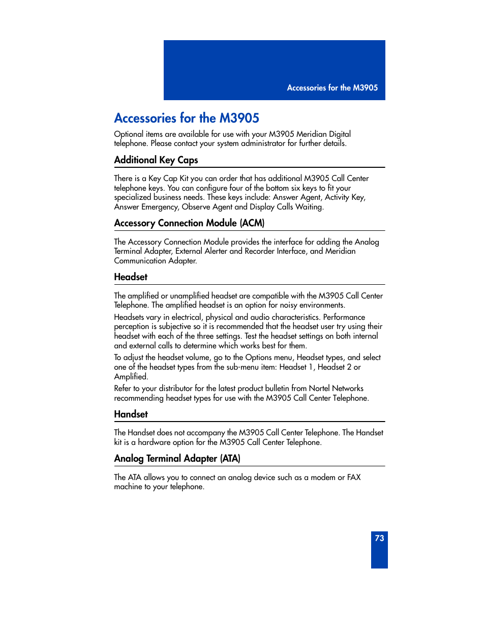 Accessories for the m3905, Additional key caps, Accessory connection module (acm) | Headset, Handset, Analog terminal adapter (ata), Handset analog terminal adapter (ata) | Nortel Networks M3905 User Manual | Page 81 / 92