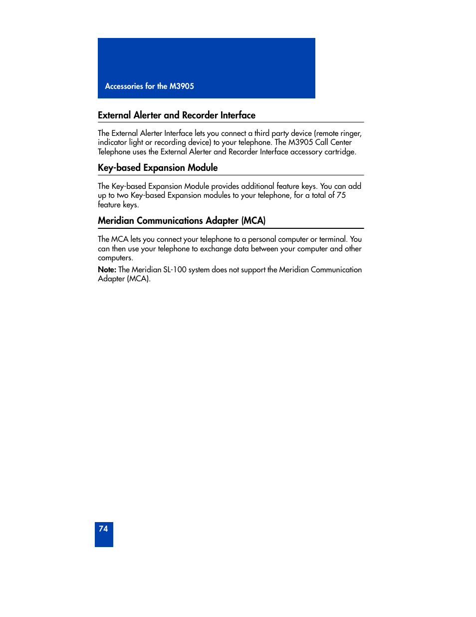 External alerter and recorder interface, Key-based expansion module, Meridian communications adapter (mca) | Nortel Networks M3905 User Manual | Page 82 / 92