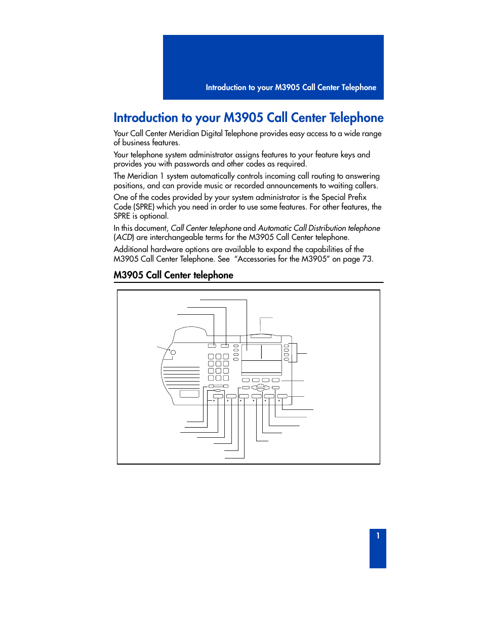 Introduction to your m3905 call center telephone, M3905 call center telephone | Nortel Networks M3905 User Manual | Page 9 / 92