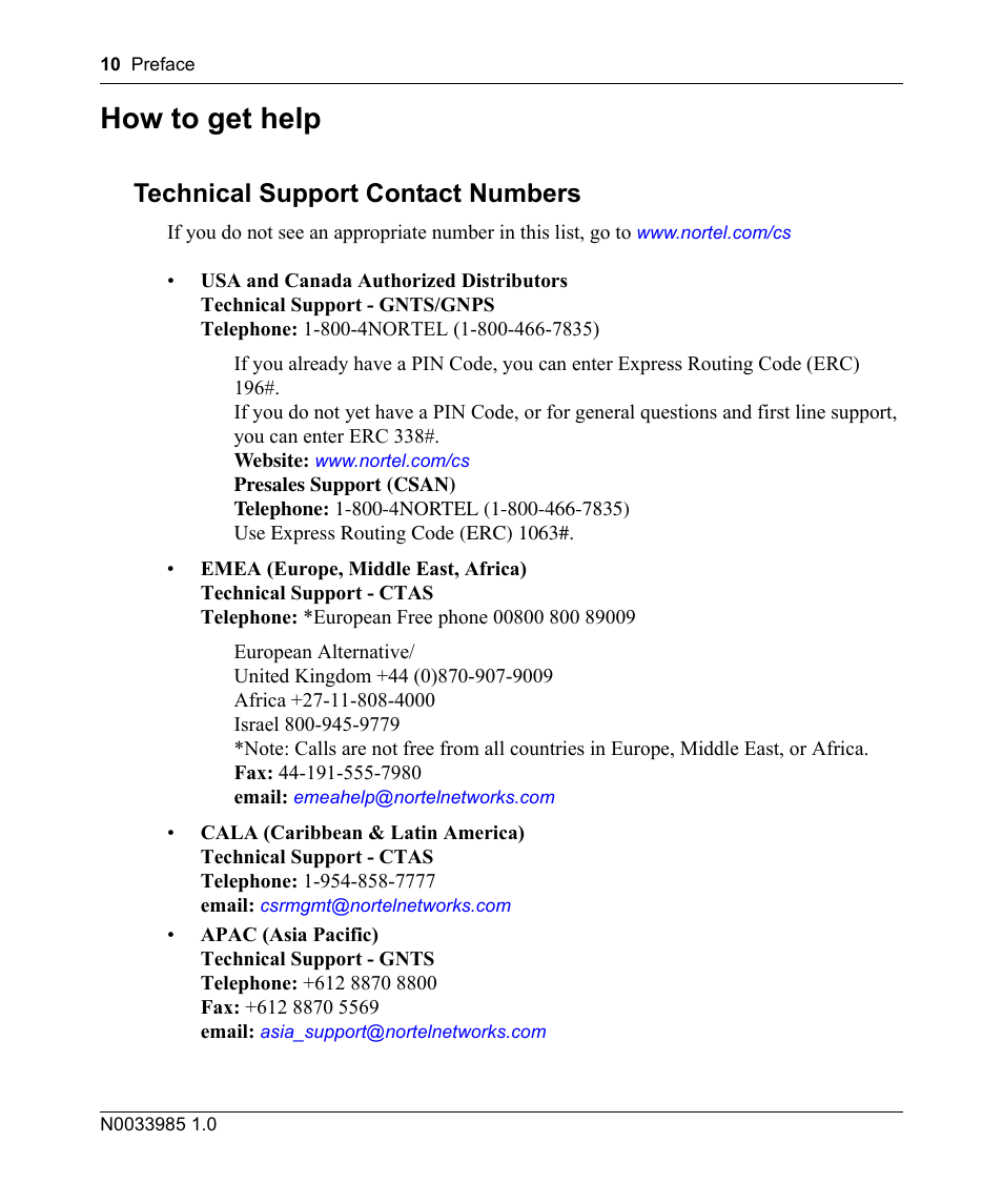 How to get help, Technical support contact numbers | Nortel Networks Cartridge User Manual | Page 10 / 36